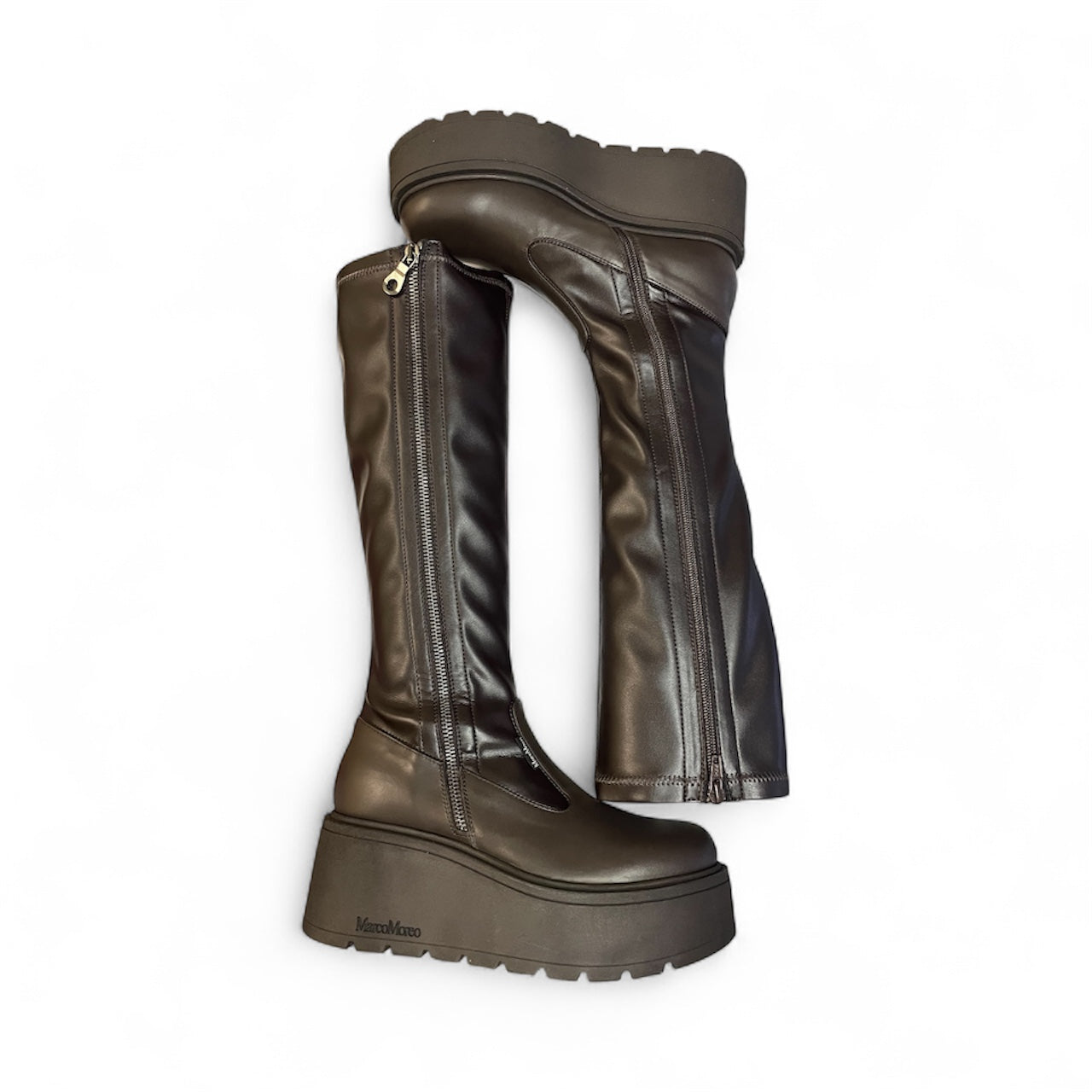 Marco Moreo brown leather platform knee high boots