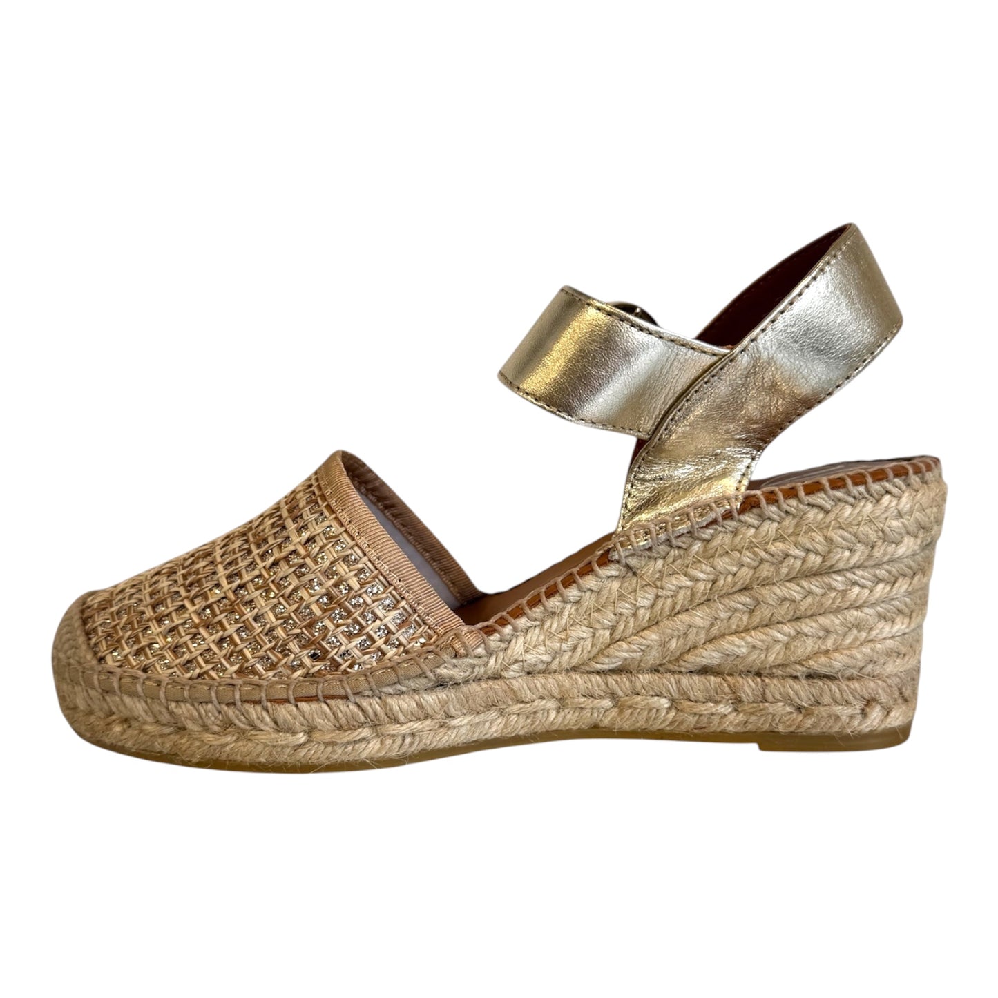 Viguera raffia and gold leather wedges