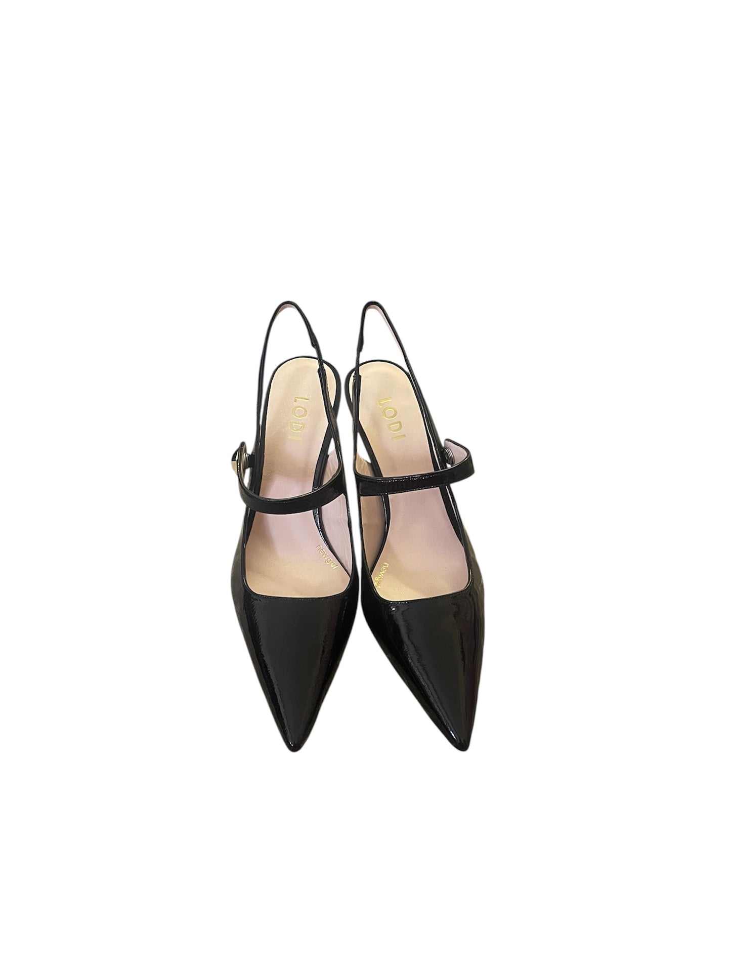 Lodi black patent leather slingbacks