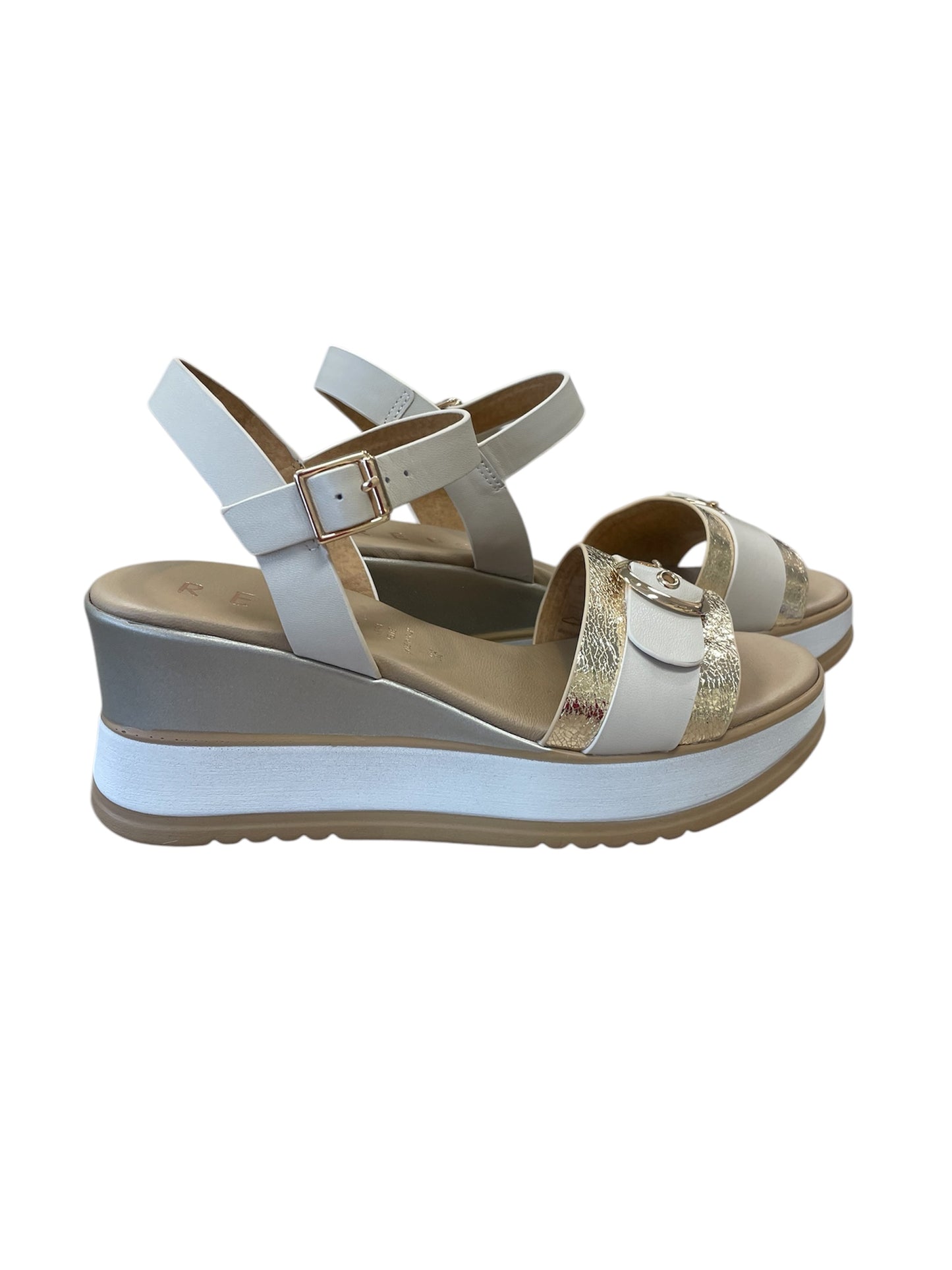 Repo beige and gold leather platform wedge sandals