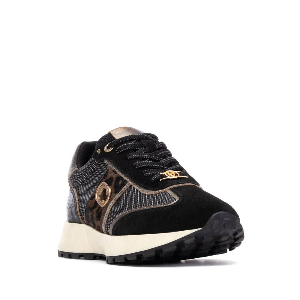 Carmela black and metallic leather and suede sneakers