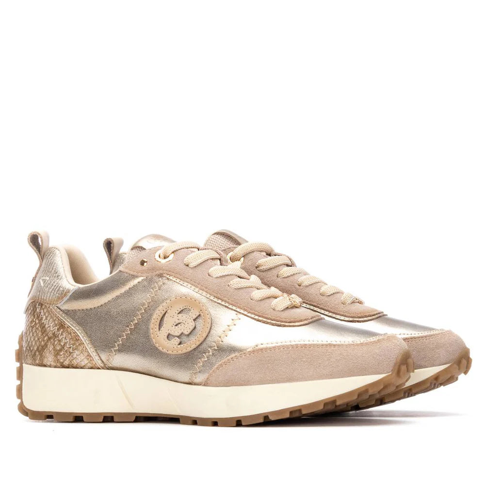 Carmela gold and beige leather and suede sneakers