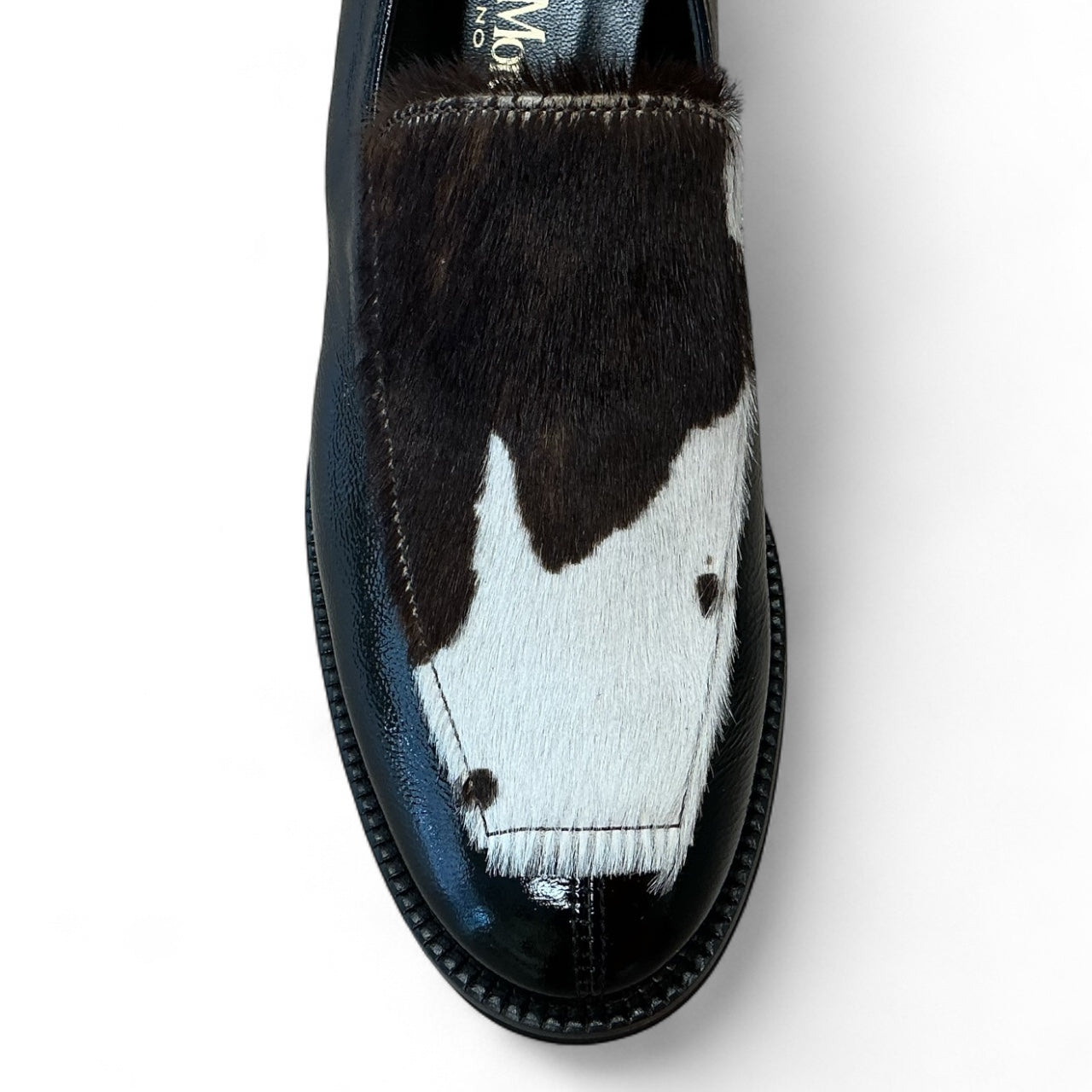 Marco Moreo black patent loafer with brown/cream pony skin effect