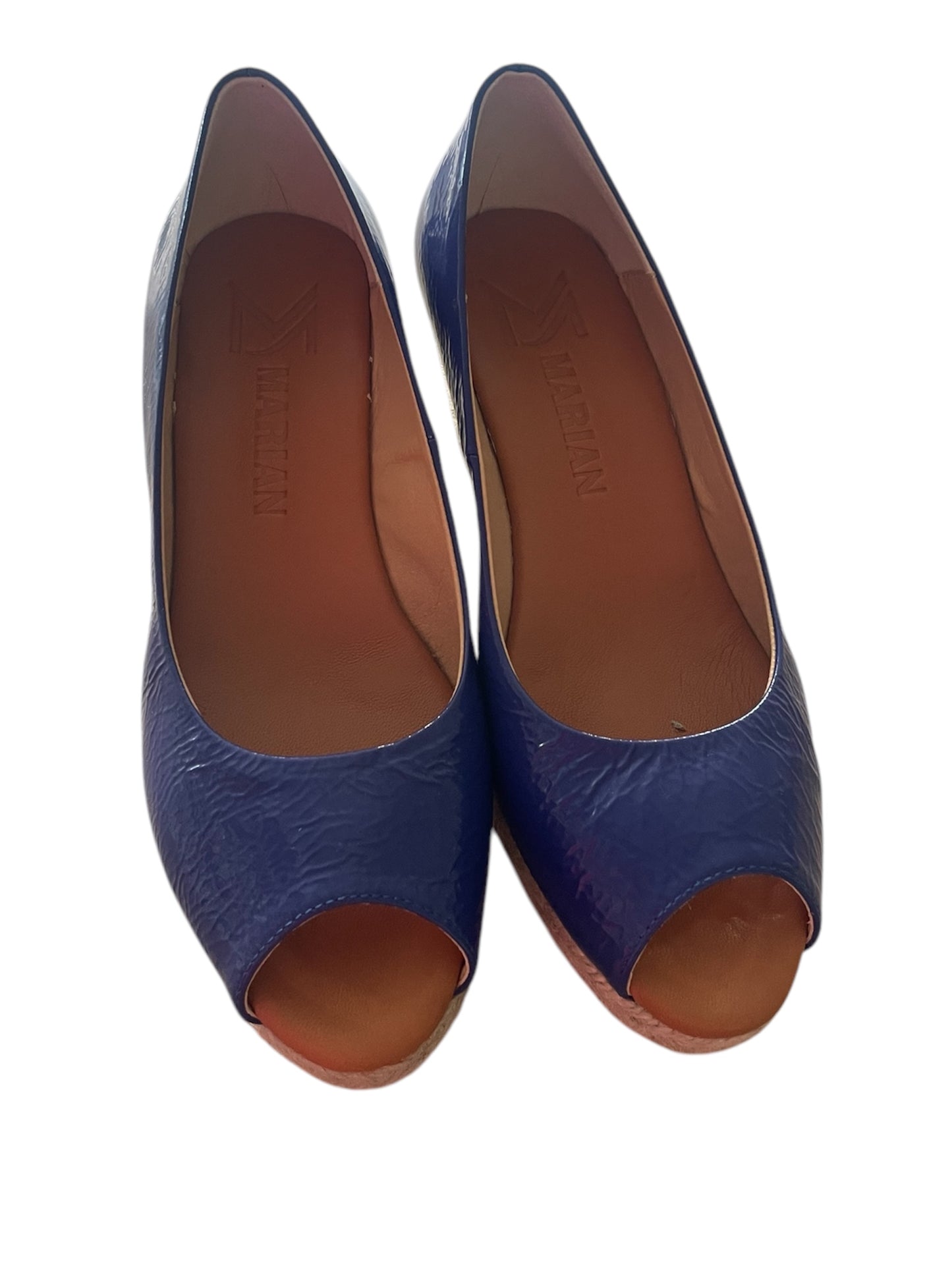 Marian blue patent leather peep toe wedge sandal