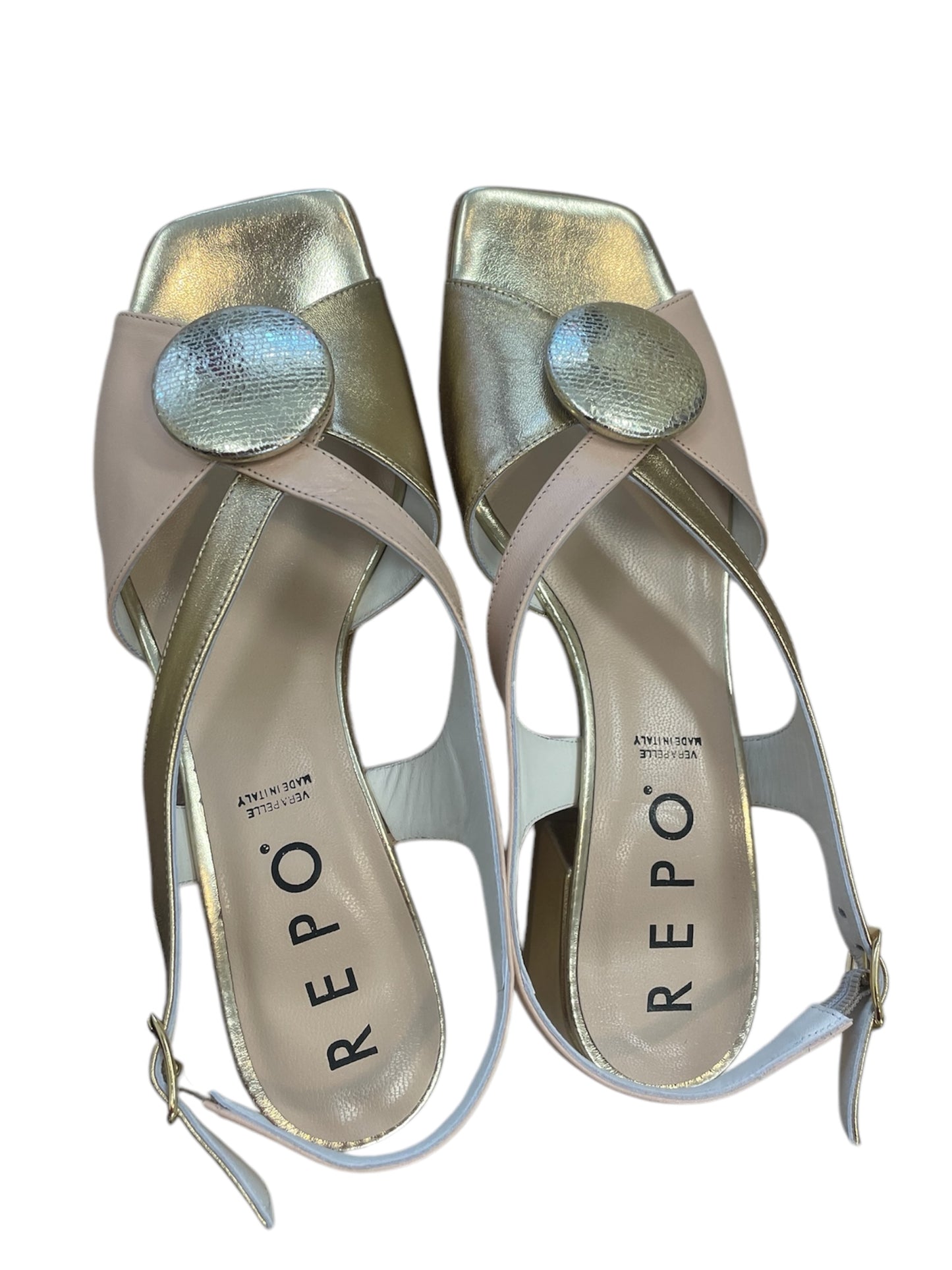 Repo pink and gold leather slingbacks