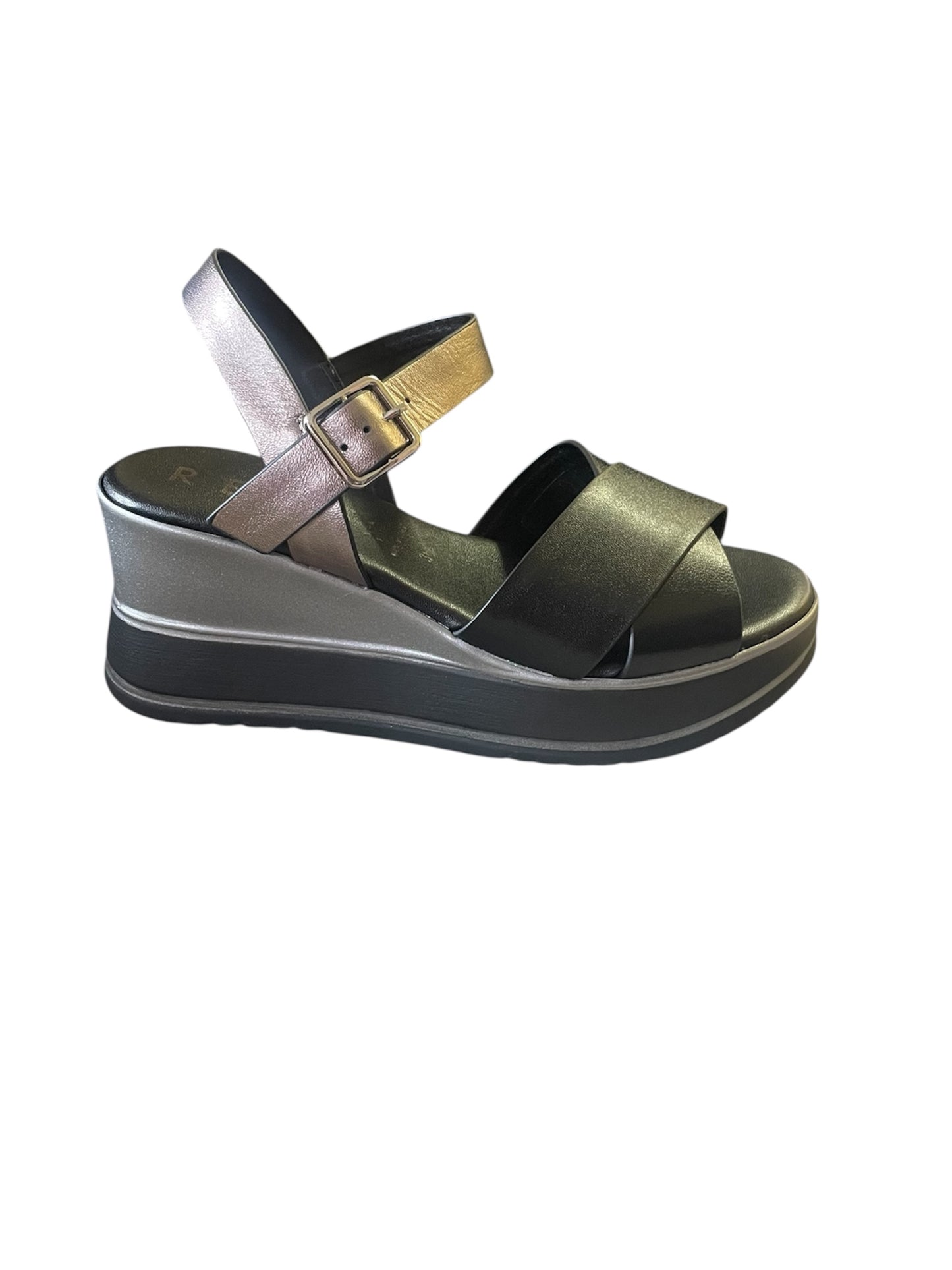 Repo black , bronze and silver platform wedge sandals