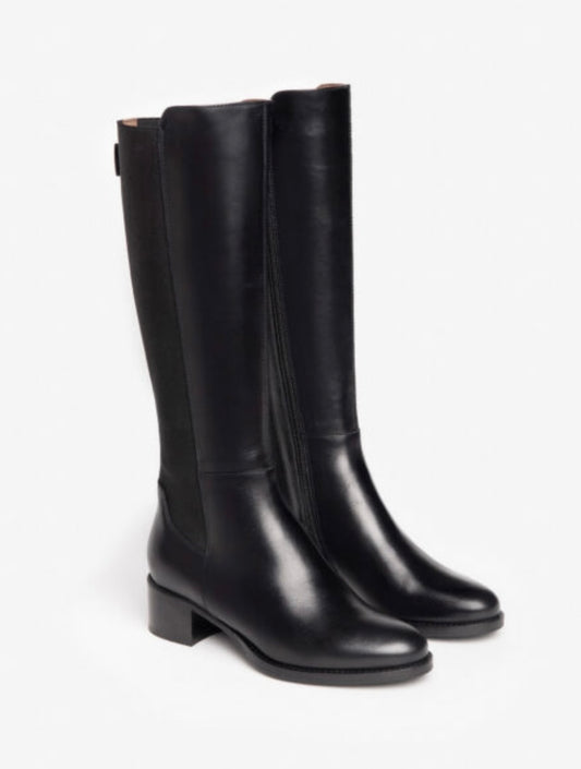 Black leather knee high boot with stretch