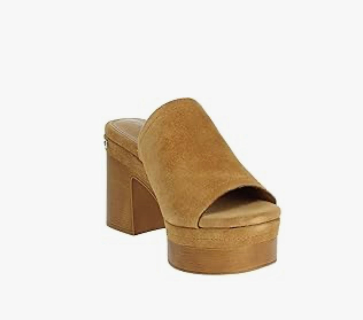 Carmela tan suede platform mules