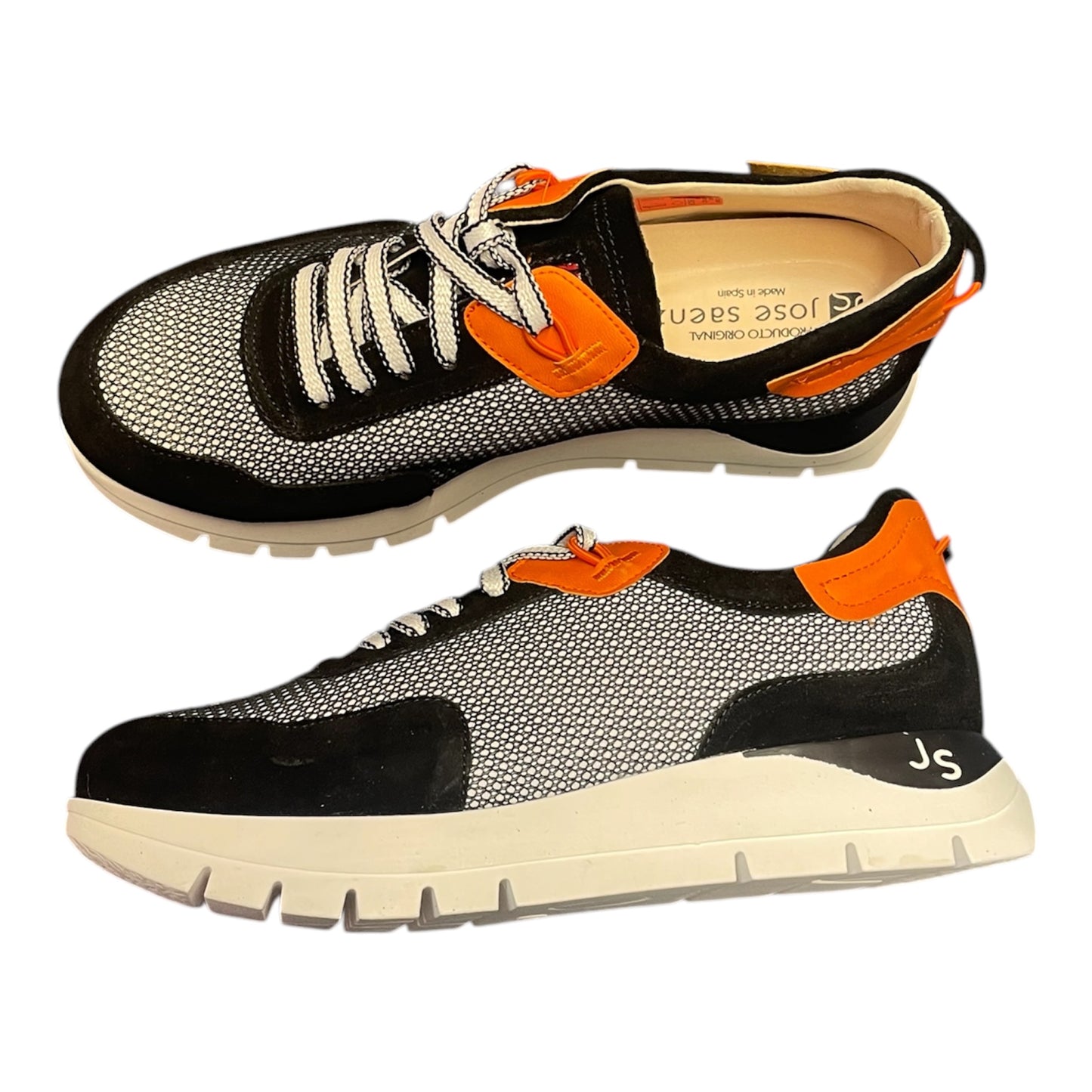 Jose Saenz black silver and orange leather and mesh platform sneakers