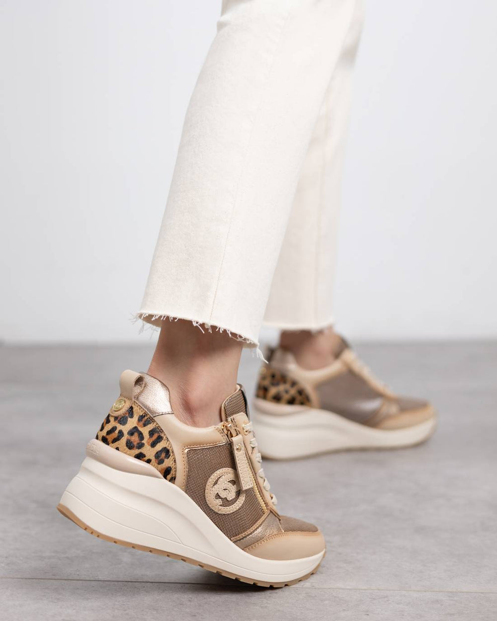 Carmela beige and gold leather wedge sneakers