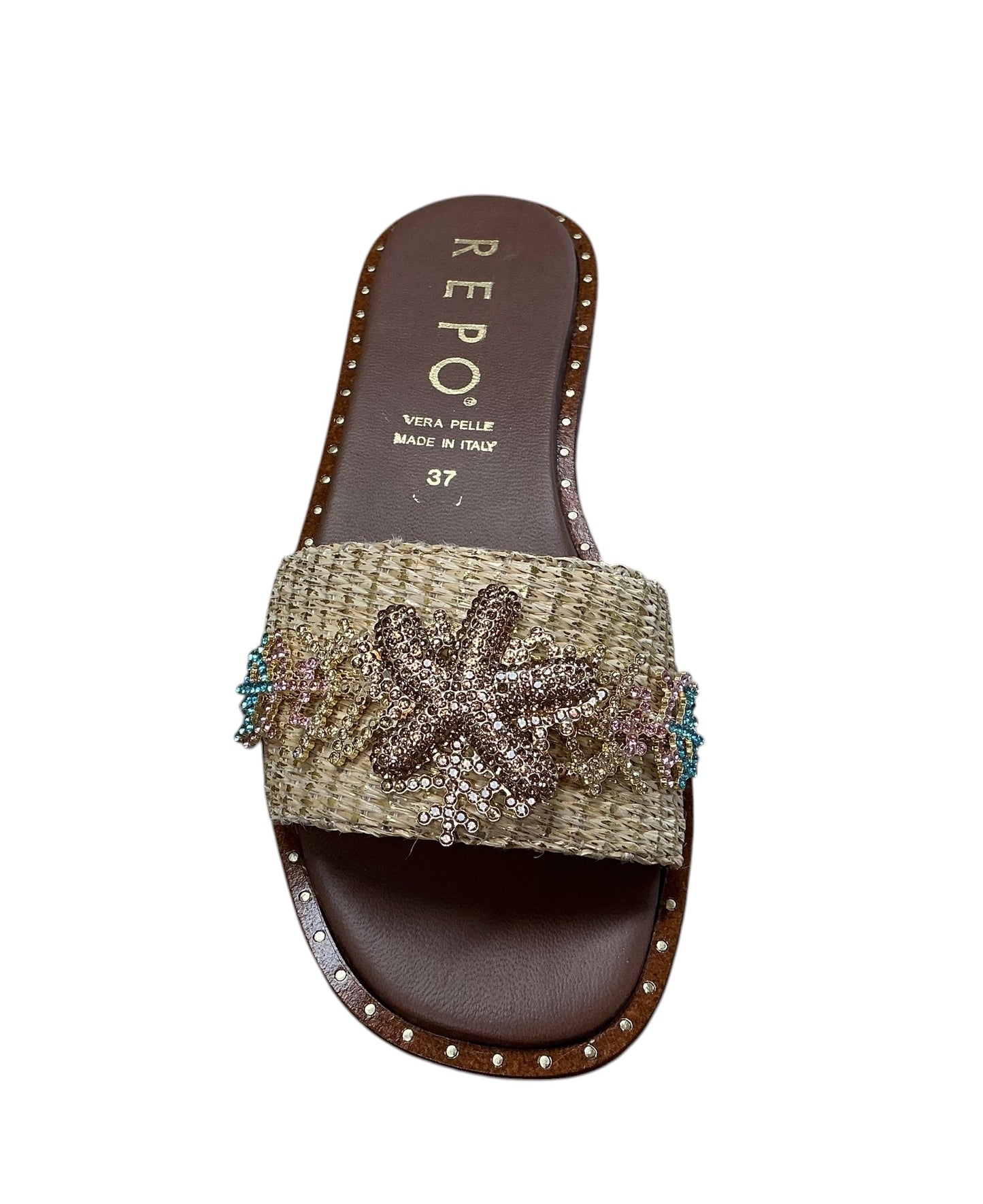 Repo beige leather raffia slide with ornate buckle detail