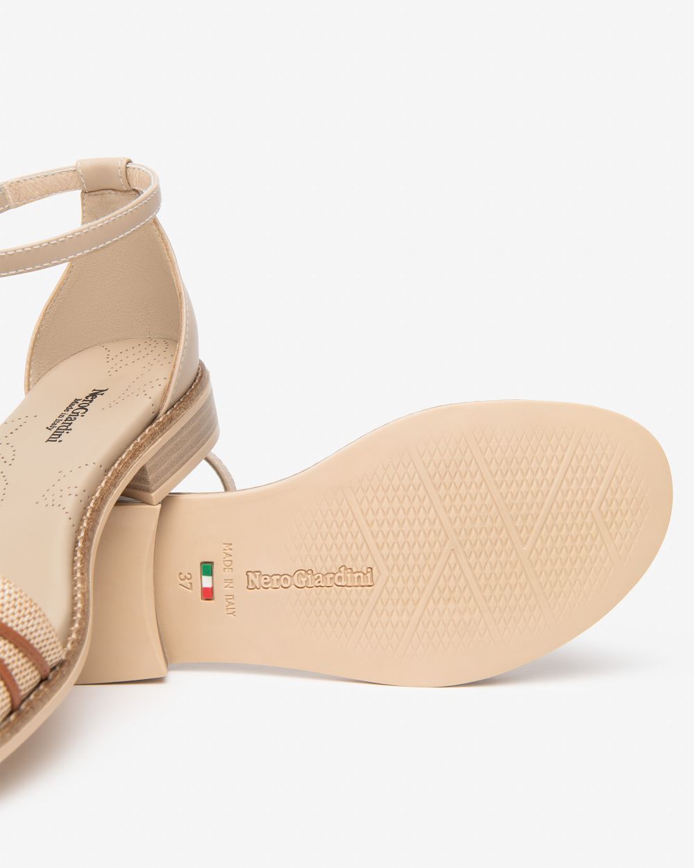 NeroGiardini Cream Leather and Canvas Strappy Sandals
