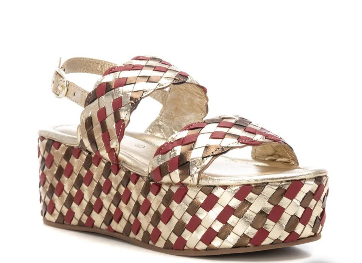 Carmela red and gold platform wedge sandals
