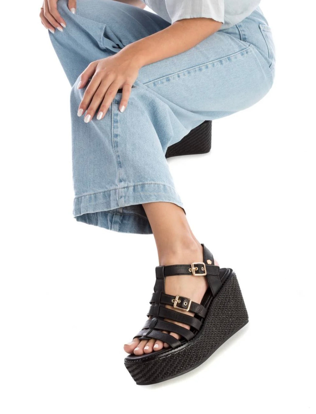 Carmela black leather wedge platform sandal