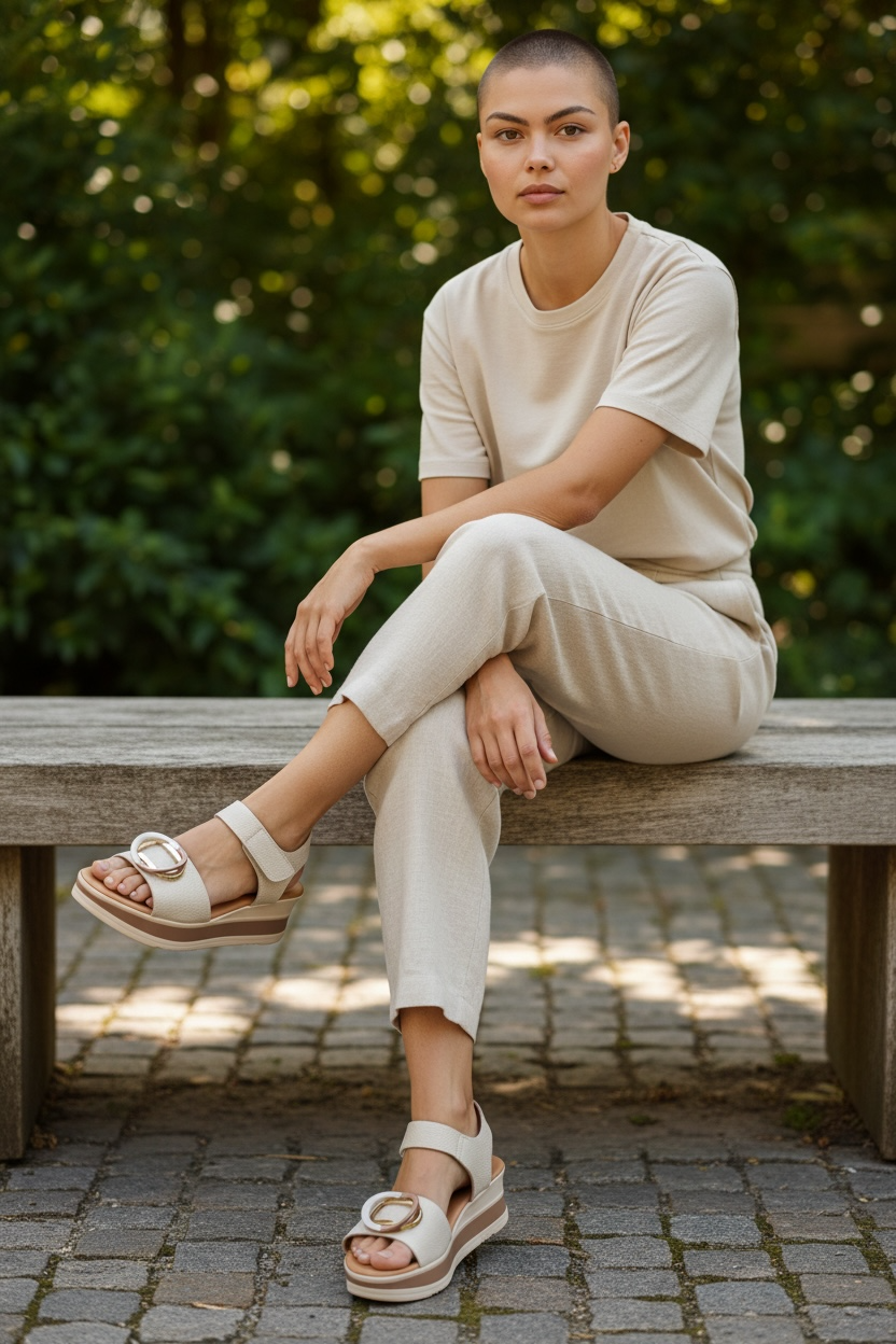 Oh My Sandals cream leather wedge sandal with Velcro strap