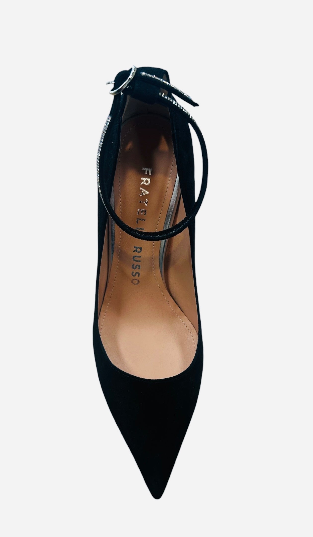 Fratelli Russo black suede stilettos with diamanté strap