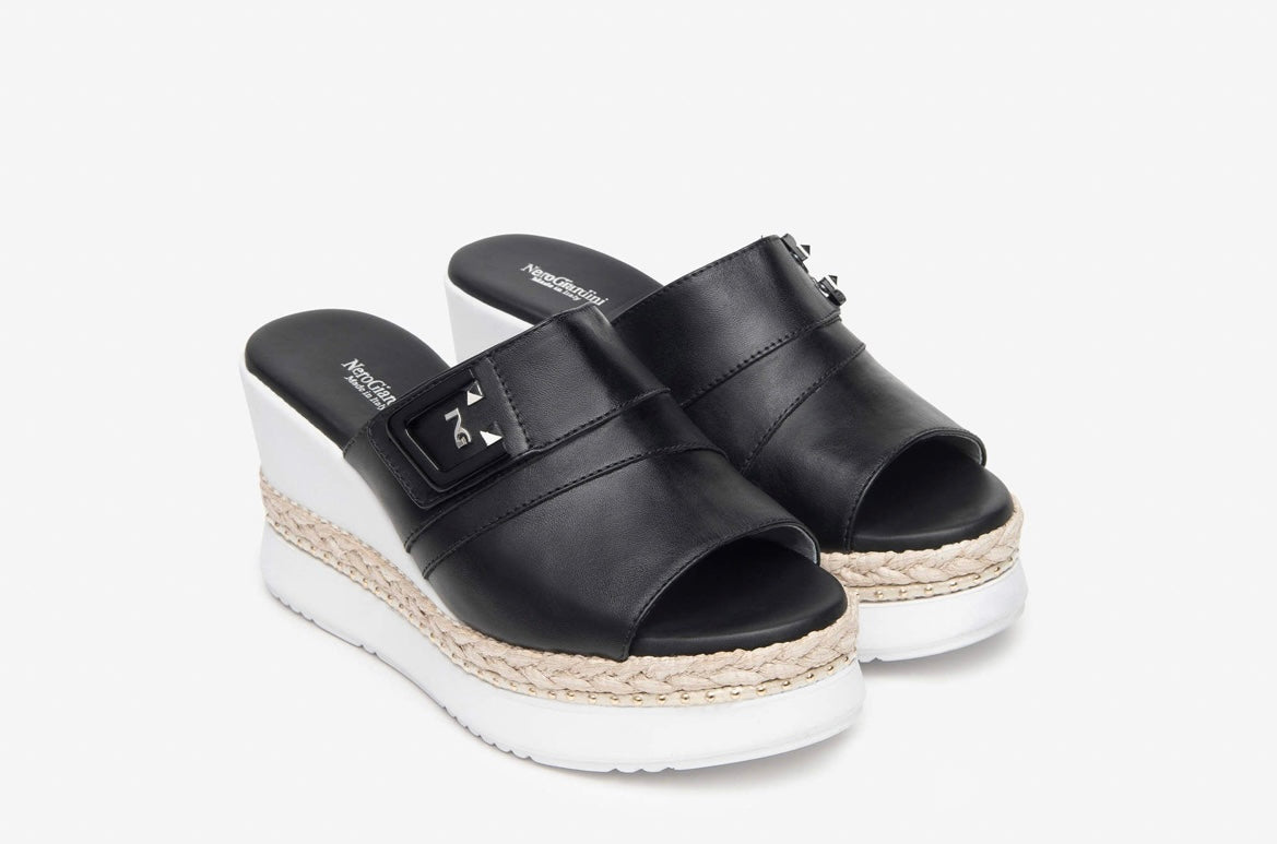 Nerogiardini black leather wedge slip on sandal