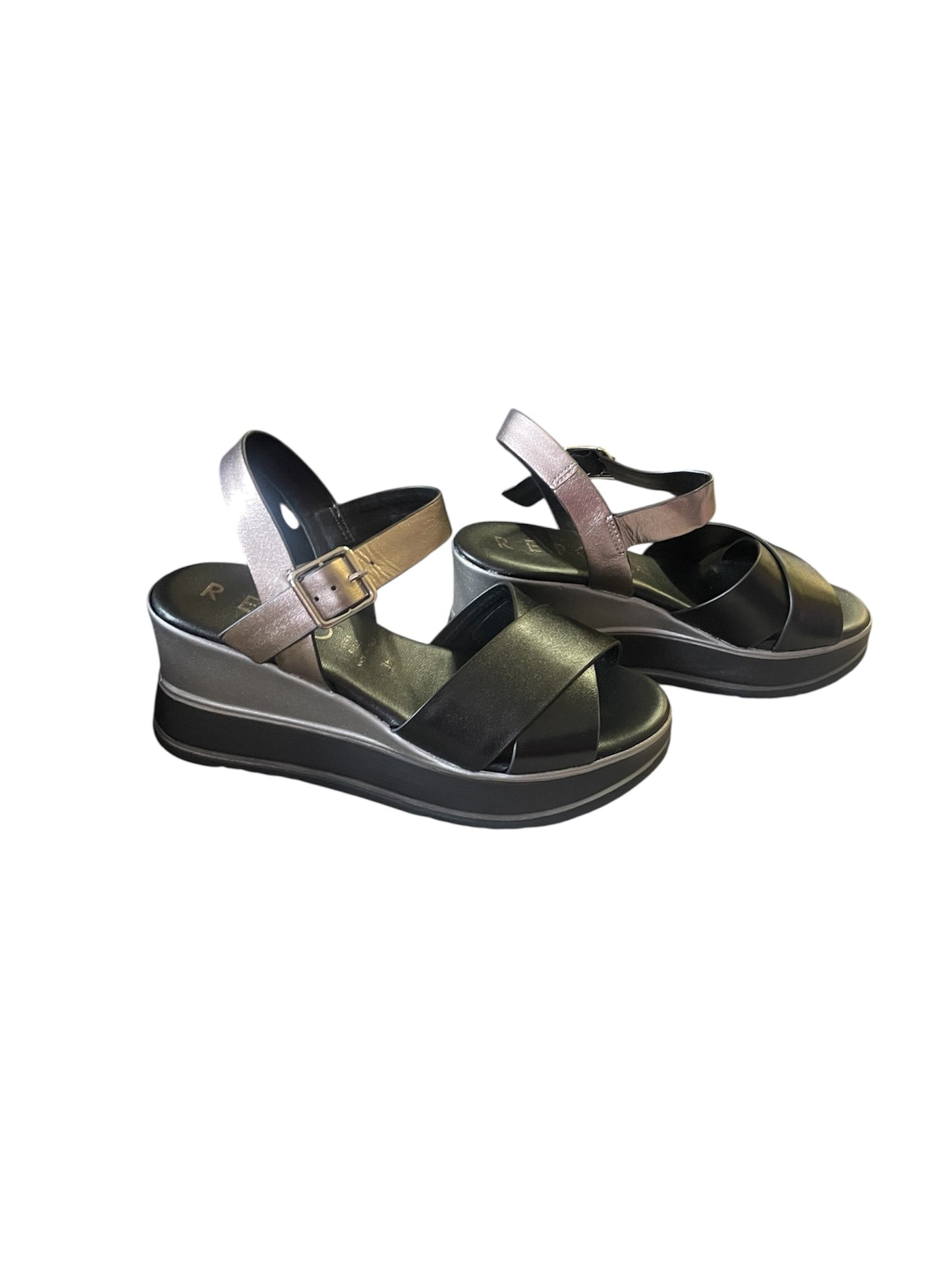 Repo black , bronze and silver platform wedge sandals