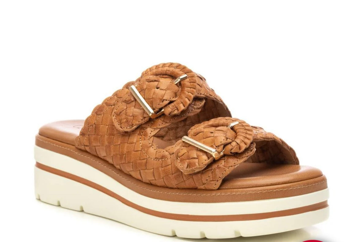 Carmela tan leather wedge slip on sandals