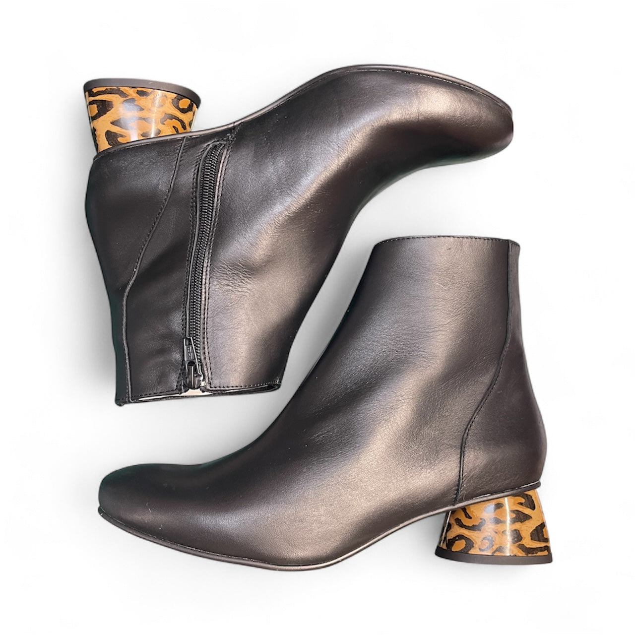 Marian black leather ankle boots with leopard print heel