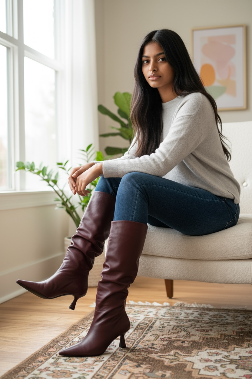 Marian burgundy leather scrunched kitten heel boot