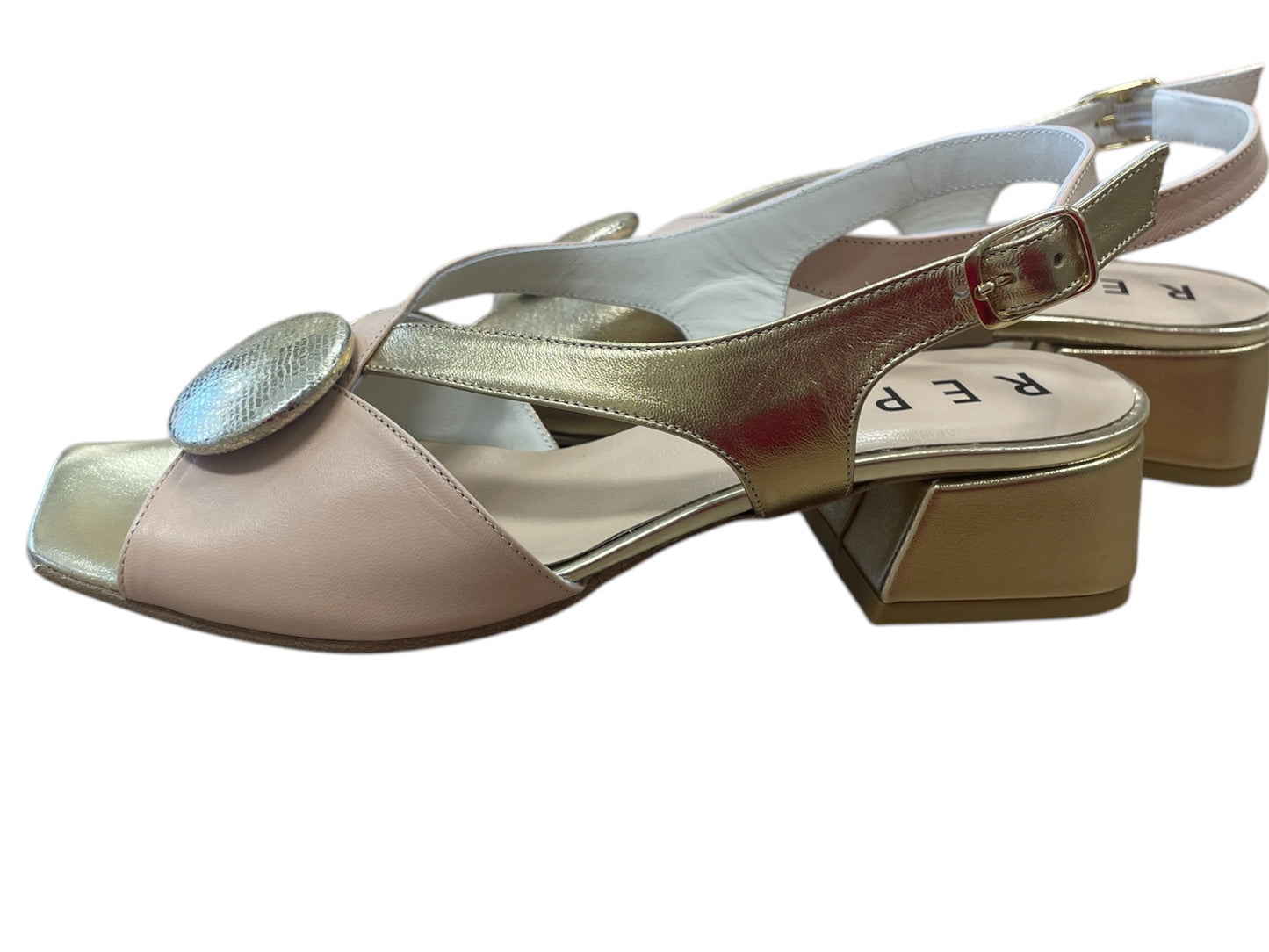 Repo pink and gold leather slingbacks
