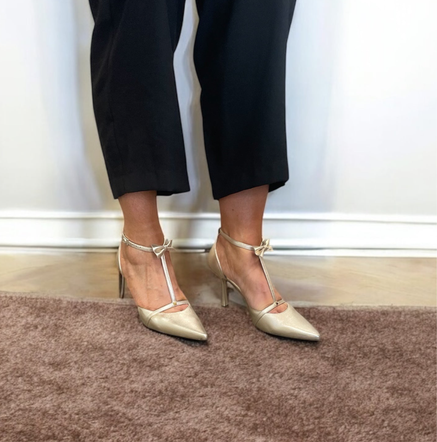 Marian gold leather shoes with bow detail