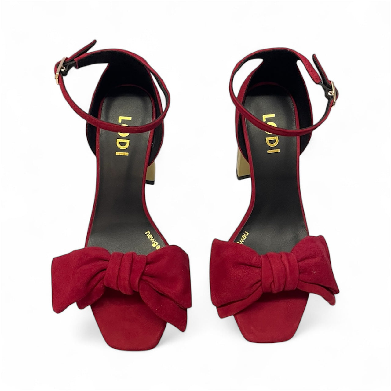 Lodi red suede with gold block heel sandals