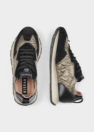 Hispanitas black suede & beige fabric detail slip on sneaker