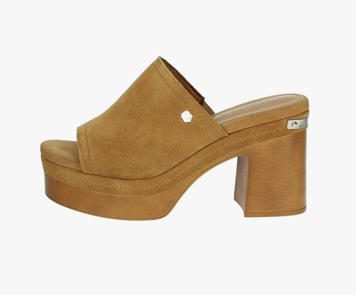 Carmela tan suede platform mules