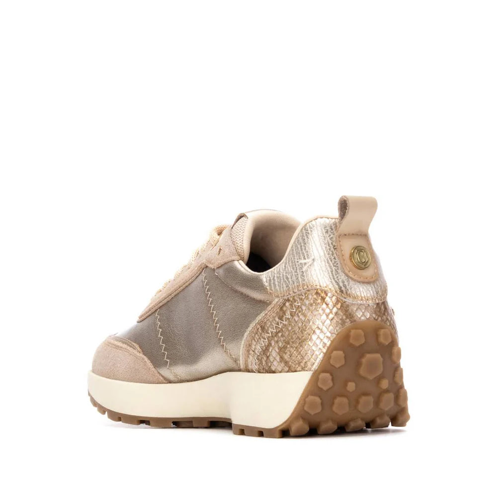 Carmela gold and beige leather and suede sneakers
