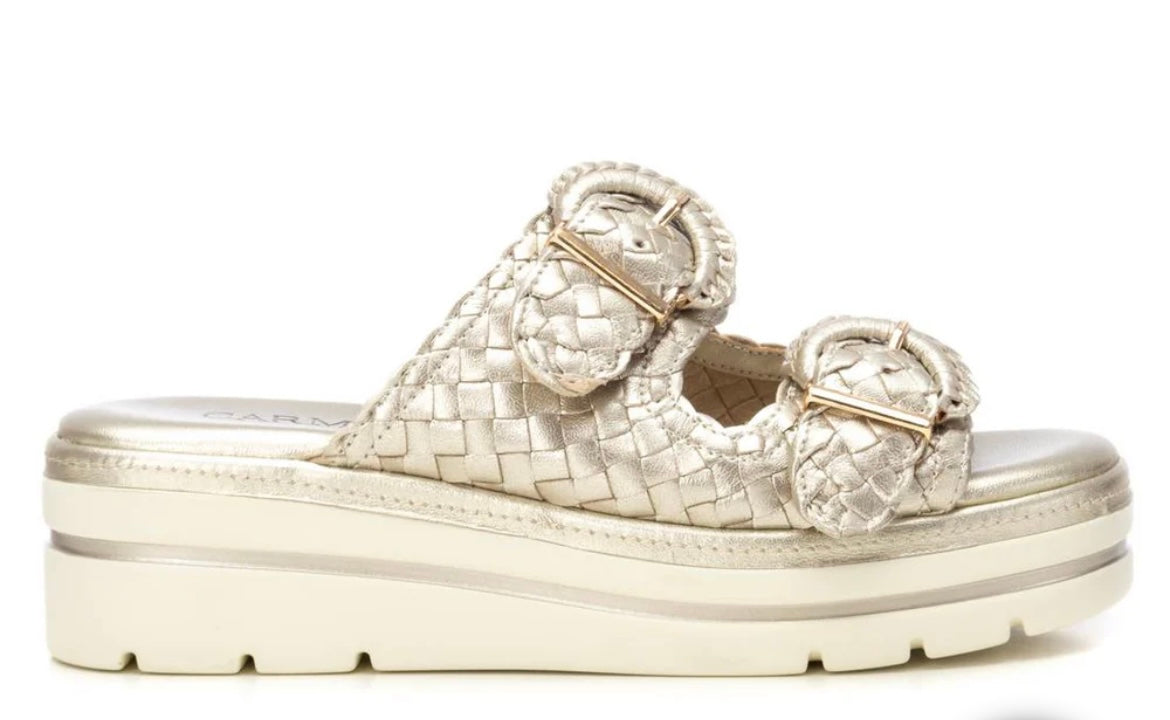 Carmela gold leather wedge slip on sandals