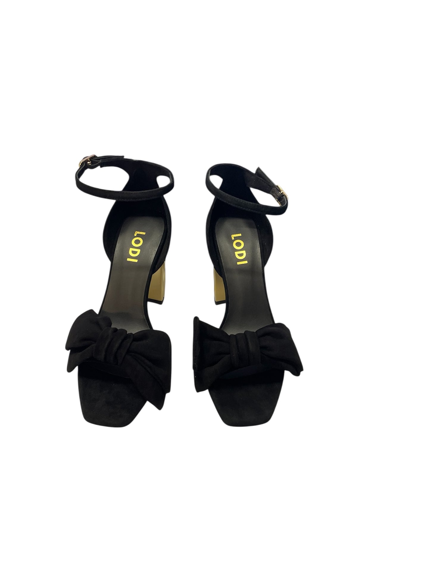 Lodi black suede sandals with gold block heel
