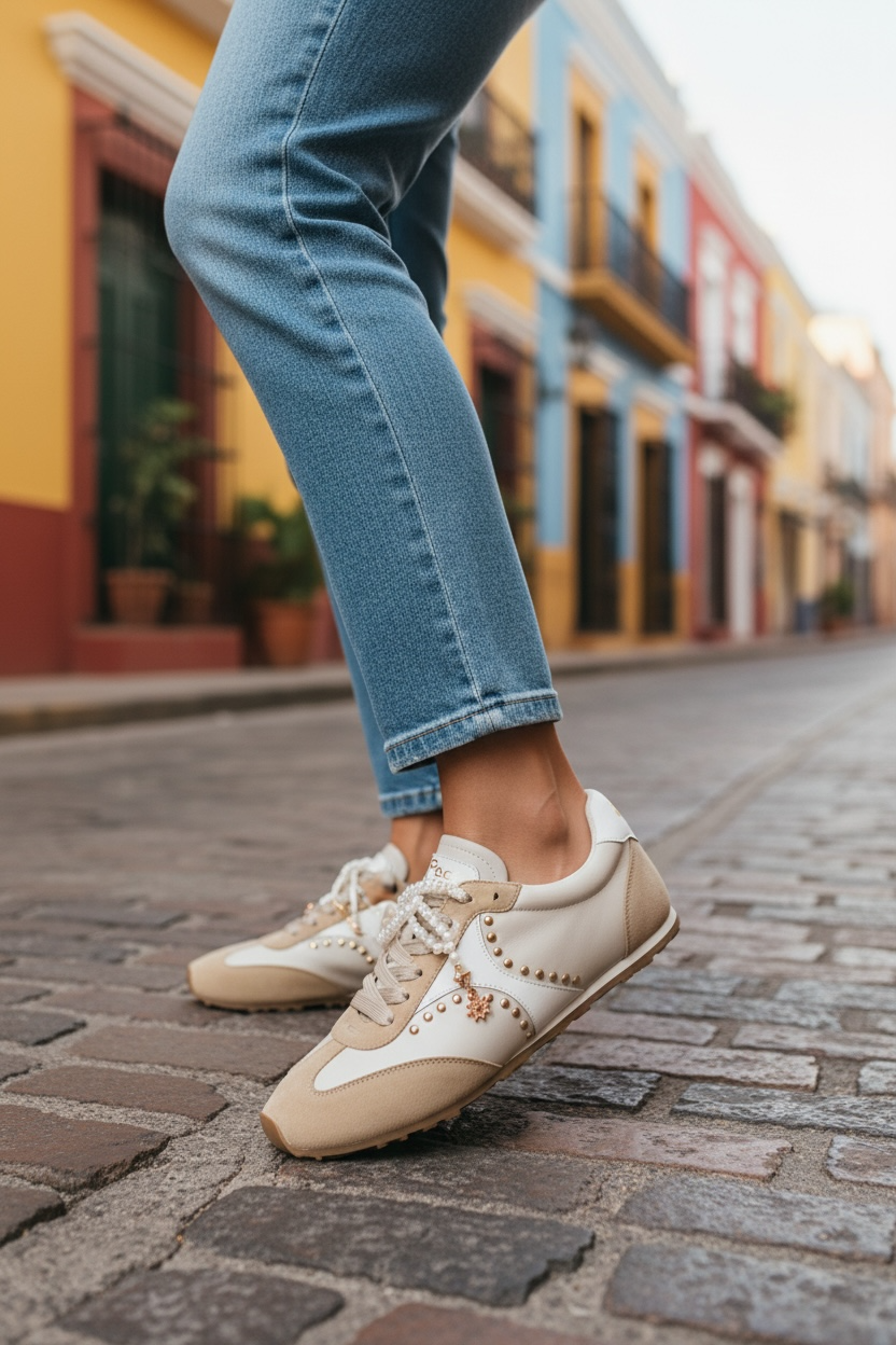 Pedro Anton cream leather and beige suede ultralight sneakers with a modern twist