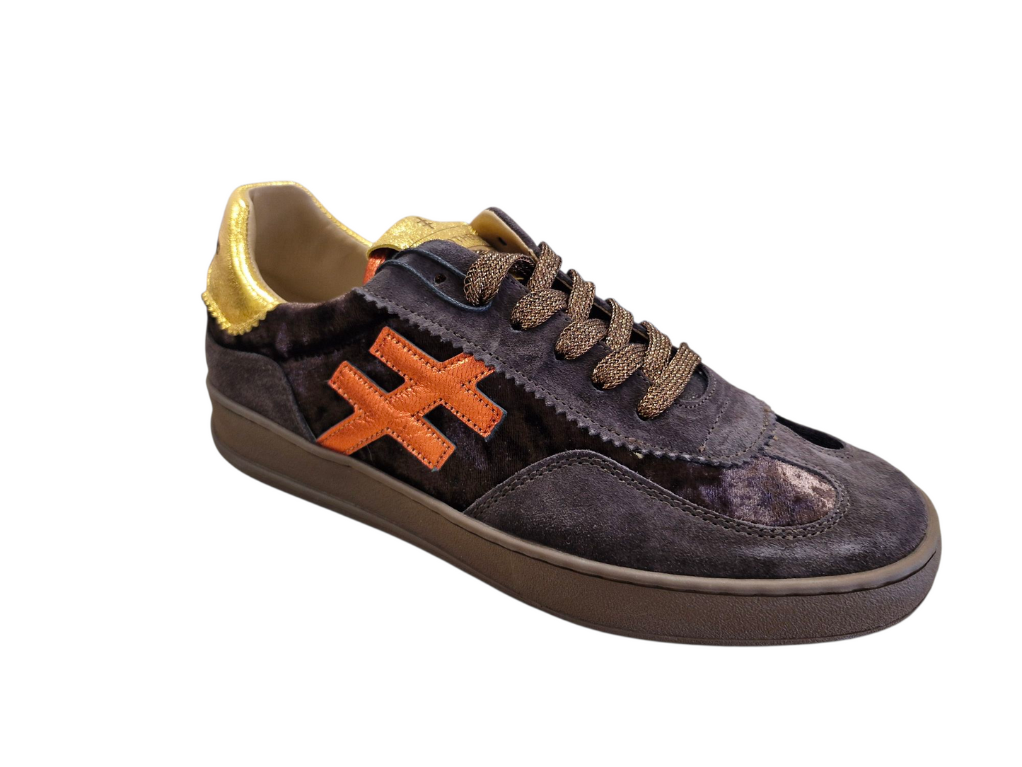 Another Trend brown suede & velvet trainer with orange & yellow gold detail