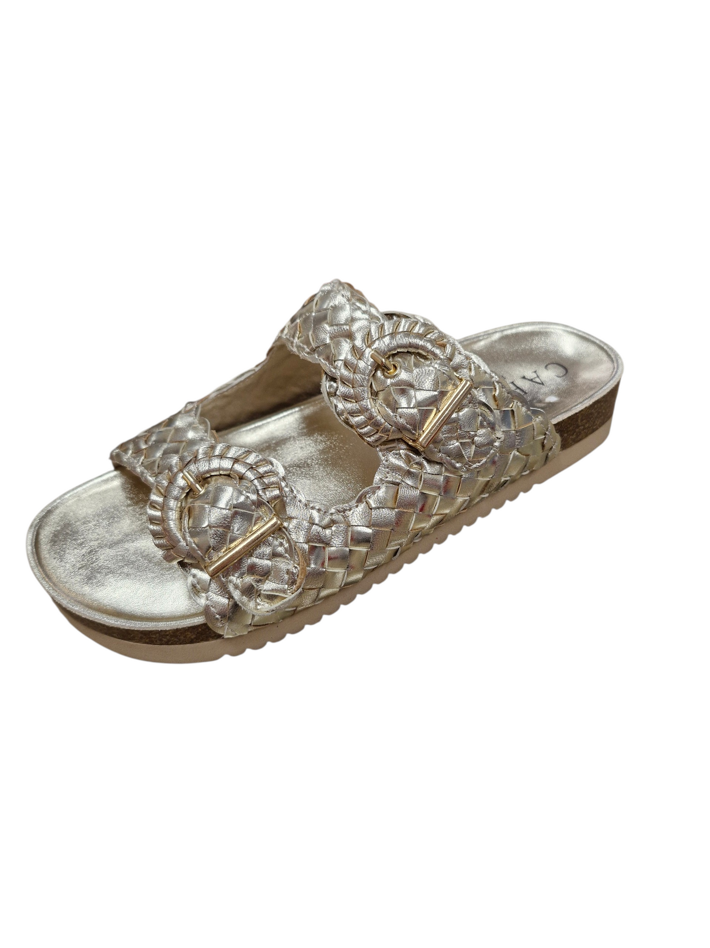 Carmela gold woven sandals with buckle detail