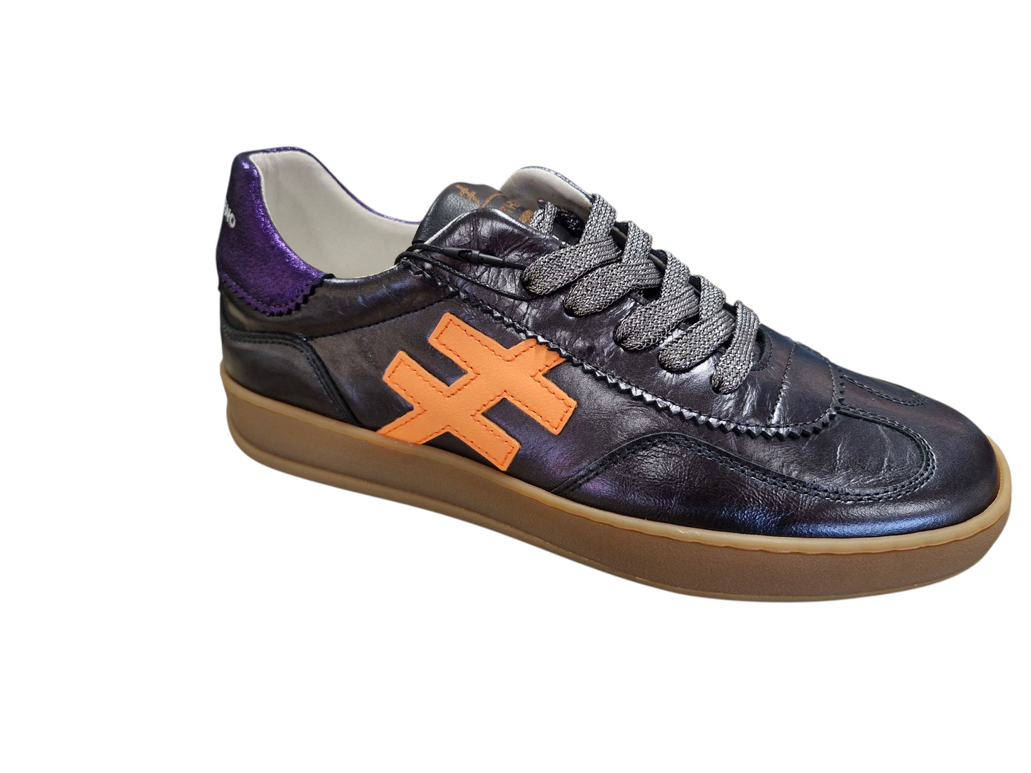Another Trend dark grey metallic trainer with orange & purple
