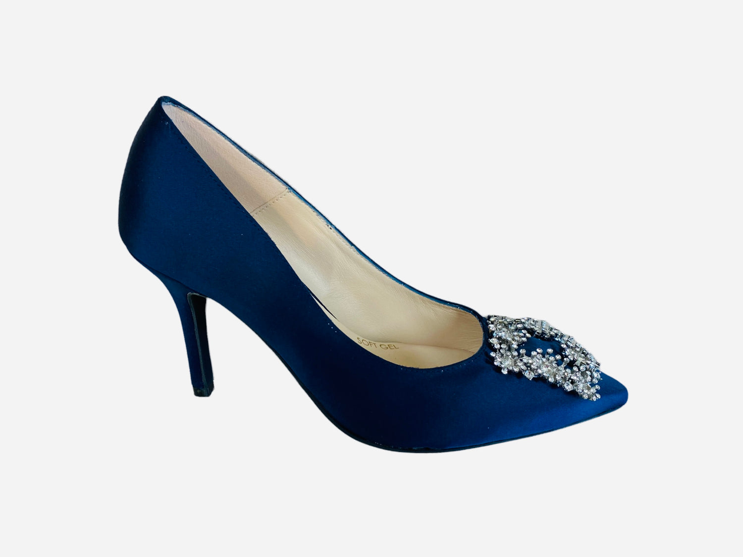 Marian navy satin court shoe with brooch detail - Melissakshoes