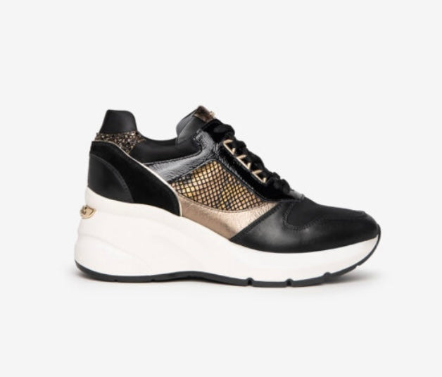 NeroGiardini black and gold wedge sneaker - Melissakshoes