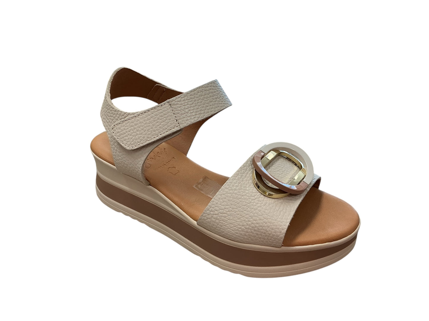 Oh My Sandals cream leather wedge sandal with Velcro strap