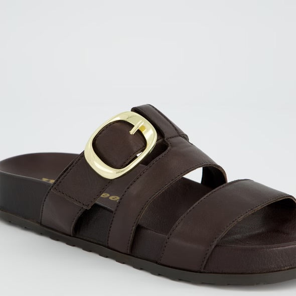 Paul green brown leather  strapped slide sandals with gold detailing - Melissakshoes