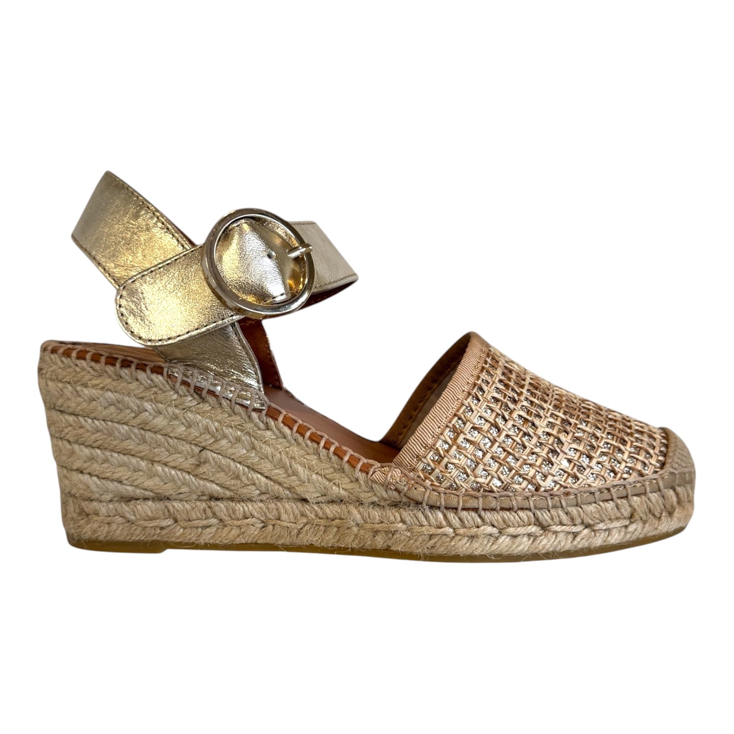Viguera raffia and gold leather wedges
