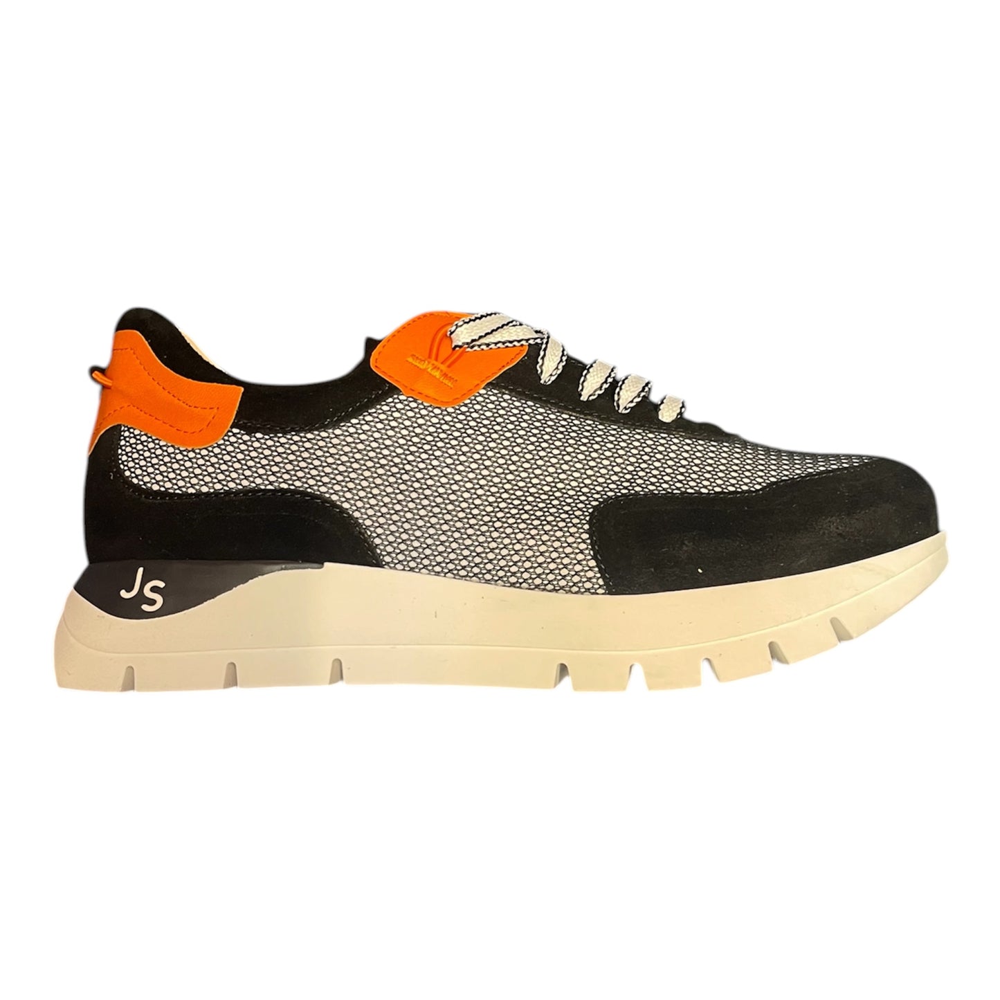 Jose Saenz black silver and orange leather and mesh platform sneakers