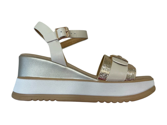 Repo beige and gold leather platform wedge sandals