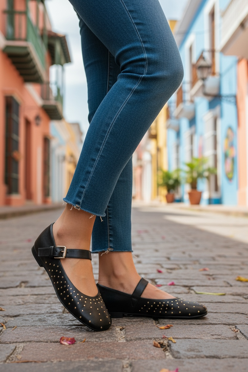 MJUS black leather Mary Jane ballerina pump with gold studs