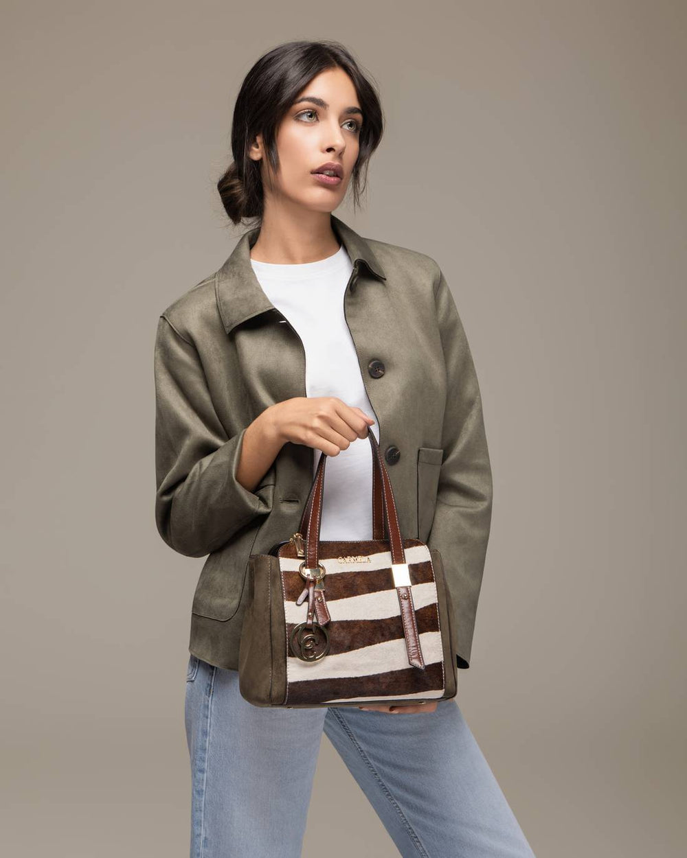 Carmela olive suede shoulder bag