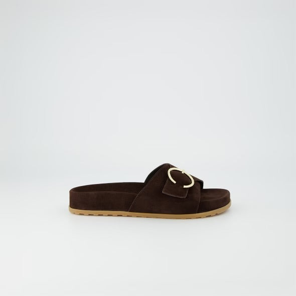 Paul green brown suede leather slide sandal with gold buckle - Melissakshoes