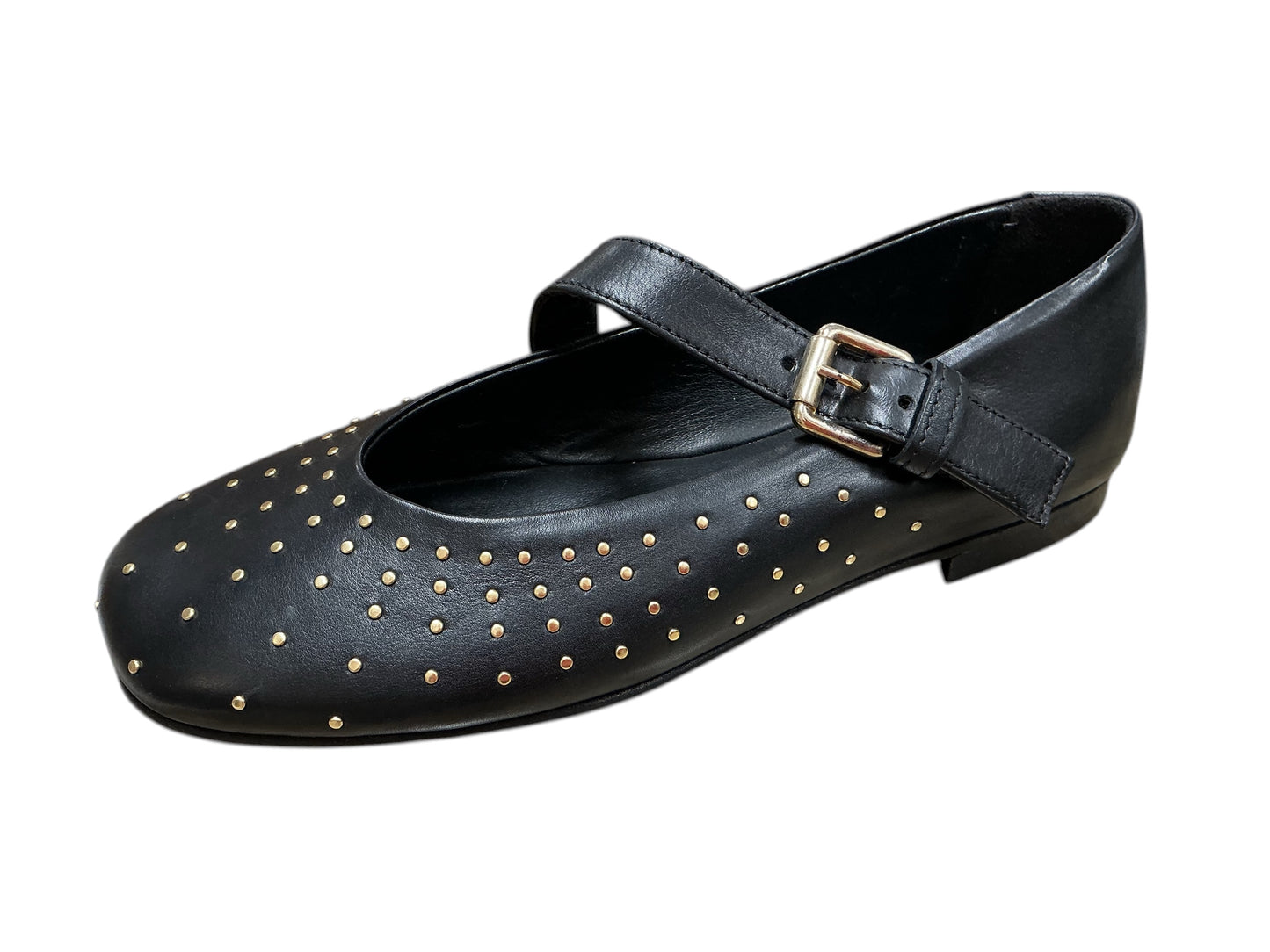 MJUS black leather Mary Jane ballerina pump with gold studs
