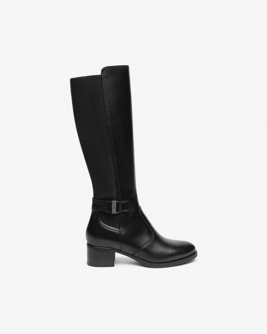 NeroGiardini black leather and fabric knee high boots
