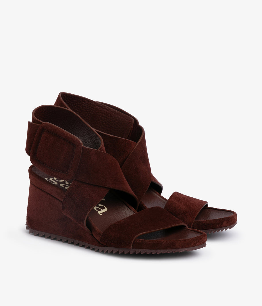 Pedro García burgundy suede wedge sandal with ankle strap